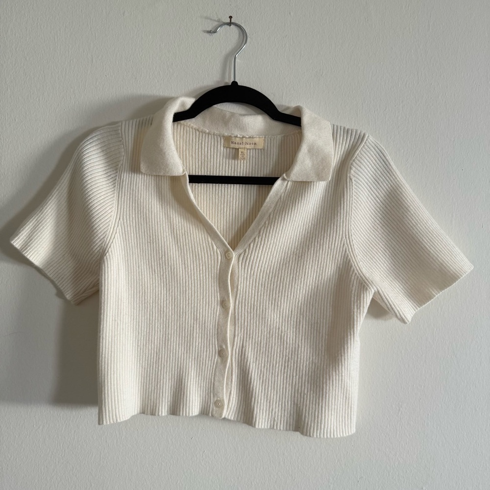 Cropped Ribbed Cream Button Down Women's Top